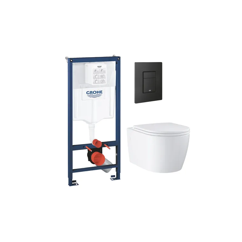 Pack bâti-support mur porteur GROHE Rapid SL Project + Cuvette suspendue sans bride avec abattant Start Round + Plaque commande noir phantom
