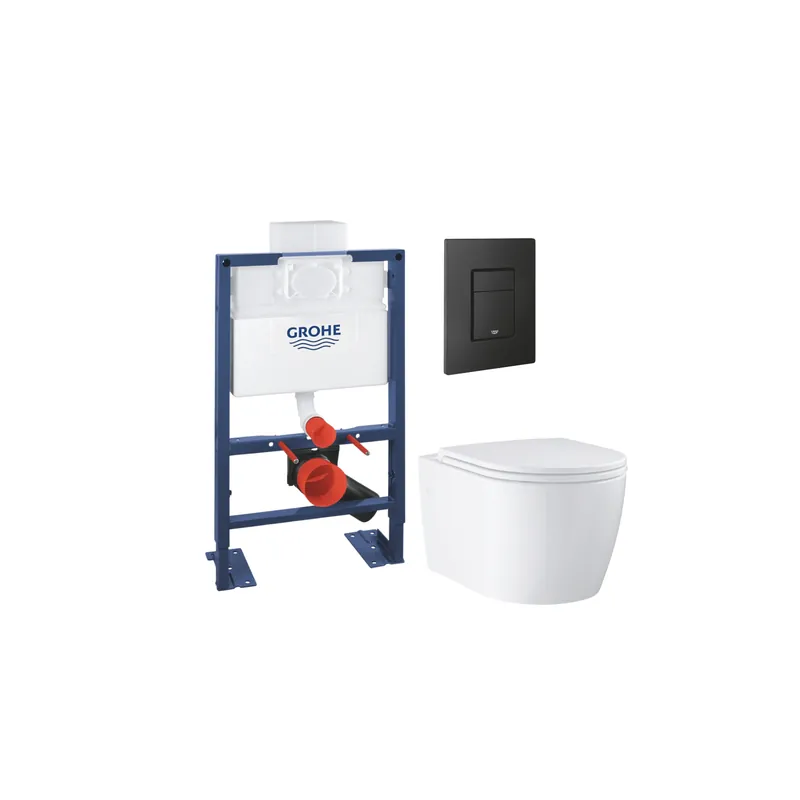 Pack bâti-support hauteur réduite GROHE Rapid SL + Cuvette suspendue sans bride avec abattant Start Round + Plaque commande noir phantom