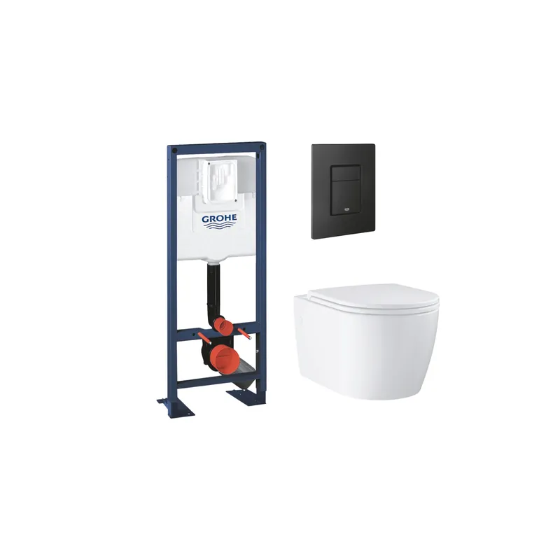 Pack bâti-support largeur réduite GROHE Rapid SL + Cuvette suspendue sans bride avec abattant Start Round + Plaque commande noir phantom