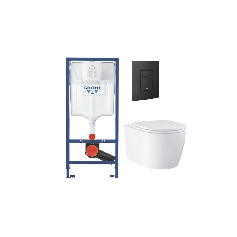 Pack bâti-support en applique GROHE Rapid SL + Cuvette suspendue sans bride avec abattant Start Round + Plaque commande noir phantom