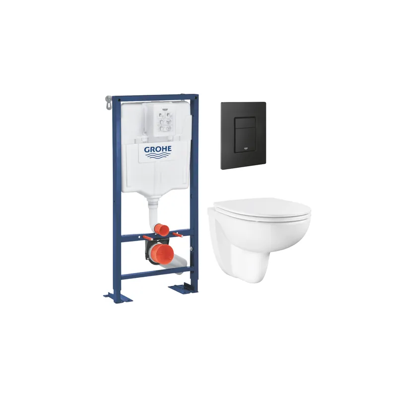 Pack bâti-support autoportant GROHE Solido + Cuvette suspendue sans bride avec abattant Bau Ceramic + Plaque commande noir phantom