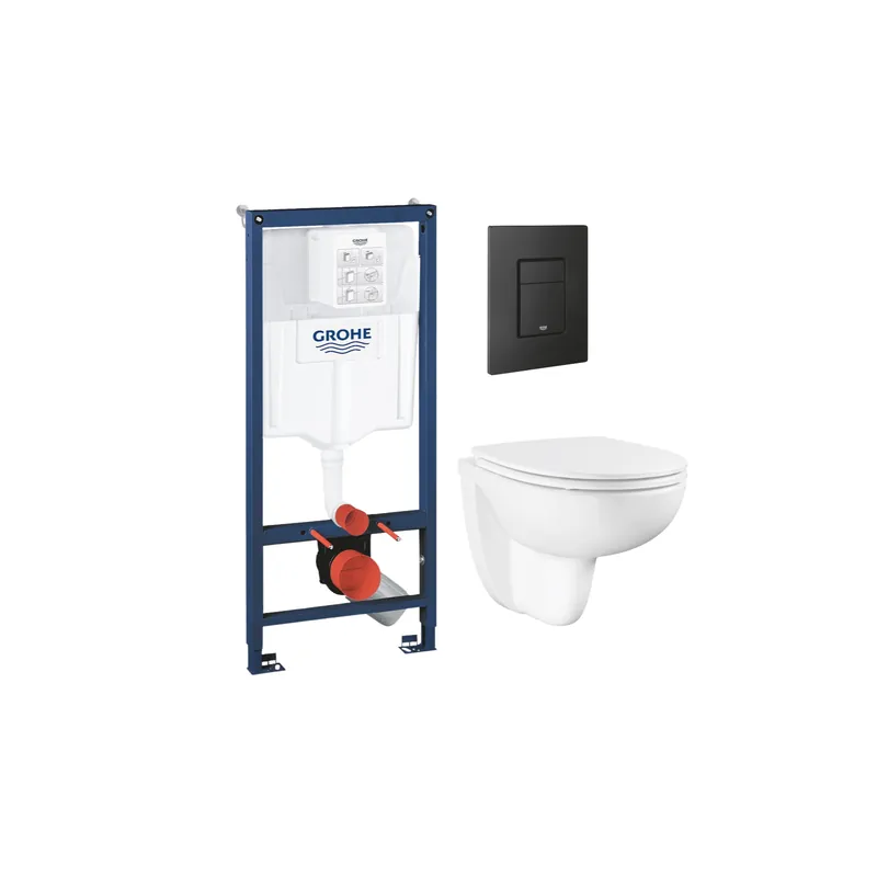 Pack bâti-support mur porteur GROHE Rapid SL Project + Cuvette suspendue sans bride avec abattant Bau Ceramic + Plaque commande noir phantom