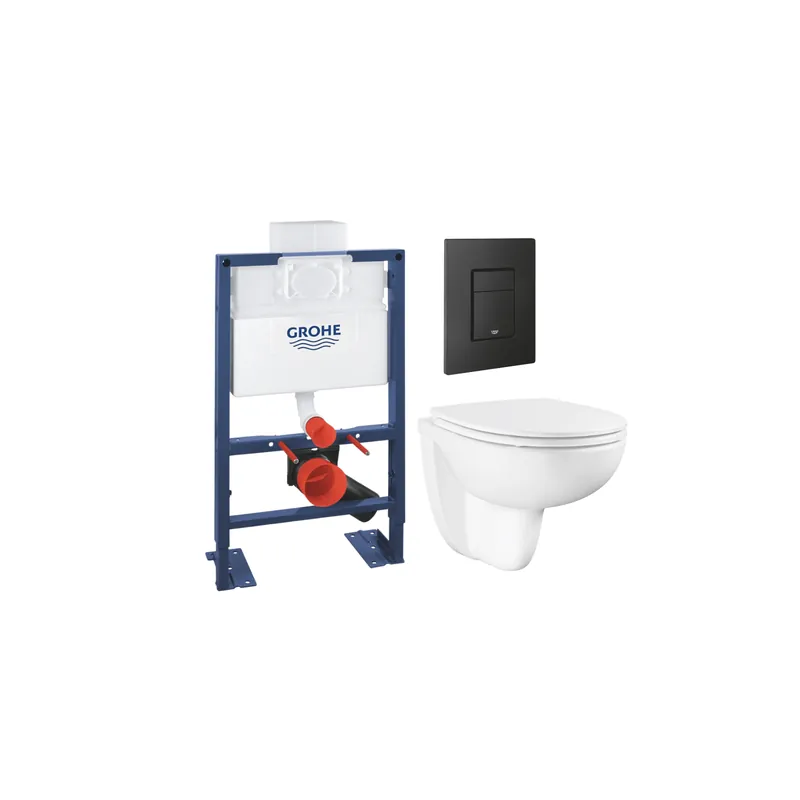 Pack bâti-support hauteur réduite GROHE Rapid SL + Cuvette suspendue sans bride avec abattant Bau Ceramic + Plaque commande noir phantom