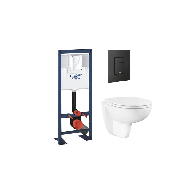 Pack bâti-support largeur réduite GROHE Rapid SL + Cuvette suspendue sans bride avec abattant Bau Ceramic + Plaque commande noir phantom