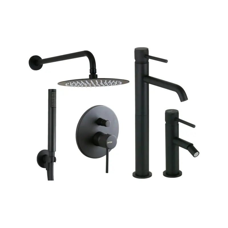 Ensemble mitigeur lavabo haut, bidet et kit de douche en finition noir mat avec poignée de luxe Gattoni Beta KITBETA5NO