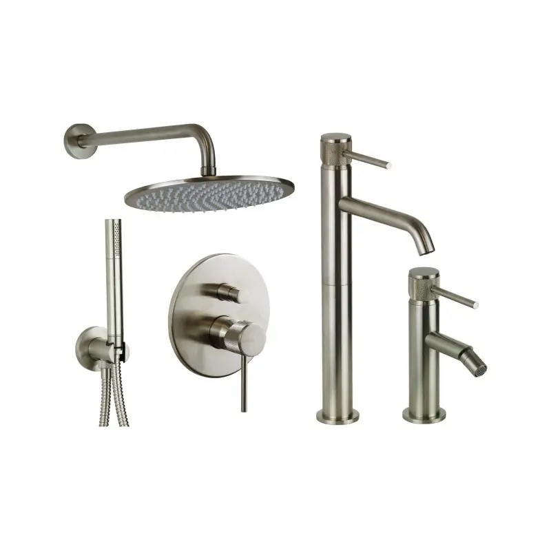 Mitigeur lavabo haut, bidet et kit de douche en finition acier brossé avec poignée de luxe Gattoni Beta KITBETA5NS