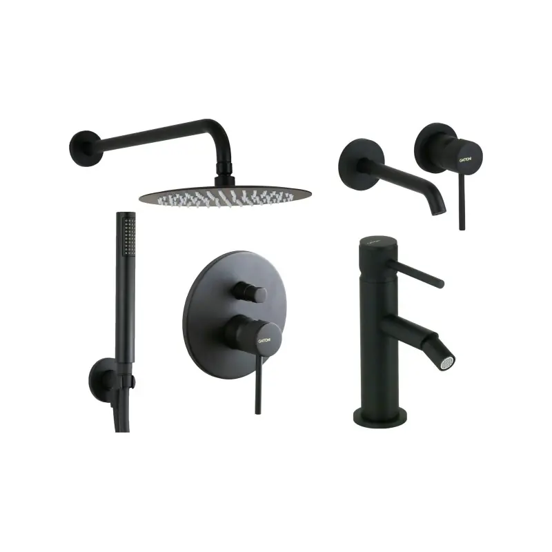 Mitigeur de lavabo mural, bidet et kit de douche en finition noir mat avec poignée de luxe Gattoni Beta KITBETA6NO