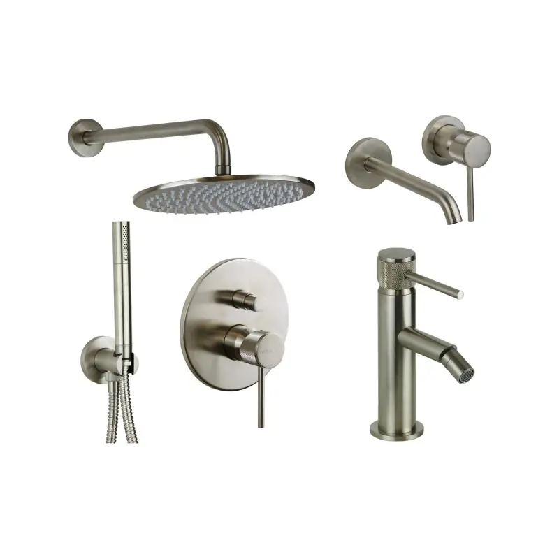 Mitigeur de lavabo mural, bidet et kit de douche en finition acier brossé avec poignée de luxe Gattoni Beta KITBETA6NS
