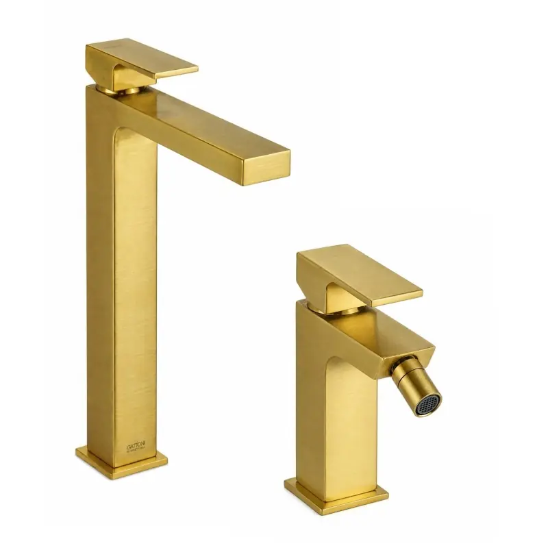 Ensemble mitigeur lavabo et bidet haut de couleur or brossé Gattoni SQUARE KITSQUARESG2