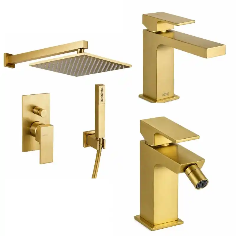 Ensemble de mitigeurs de lavabo, bidet et kit de douche en couleur or brossé Gattoni SQUARE KITSQUARESG4