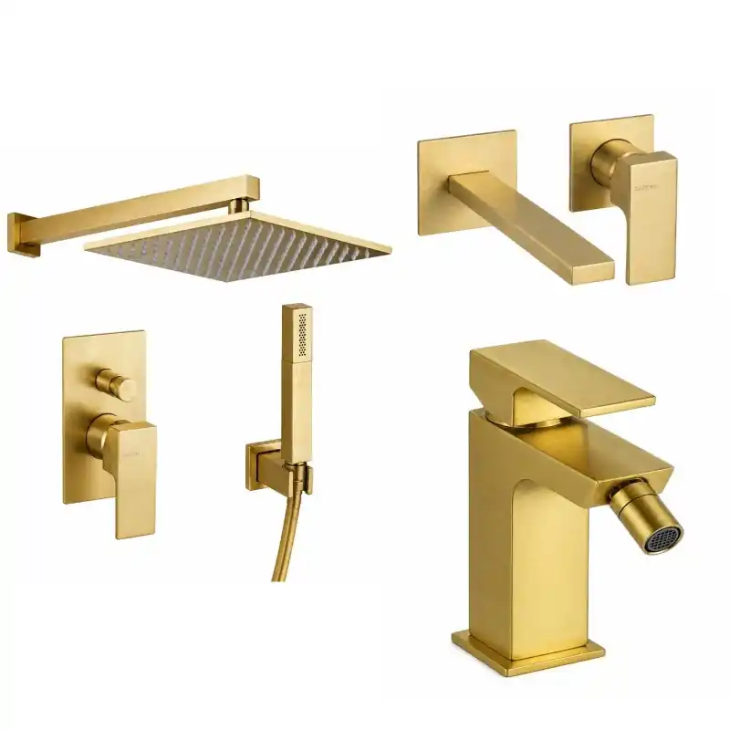 Mitigeurs d‘évier muraux, bidet et kit de douche en couleur or brossé Gattoni SQUARE KITSQUARESG6