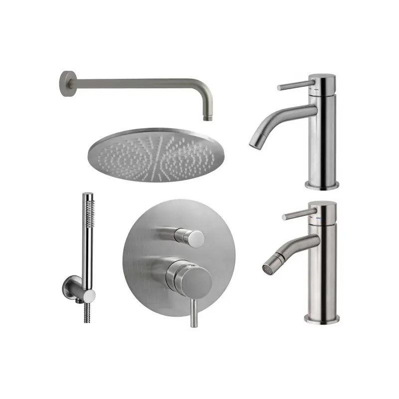 Ensemble mitigeur lavabo, bidet et kit de douche aspect acier Paffoni Light KITLIG6ST