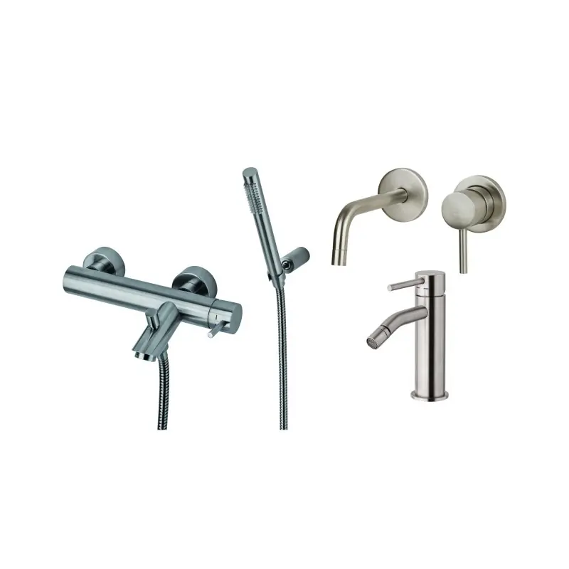 Ensemble mitigeur d‘évier, bidet et baignoire mural couleur aspect acier Paffoni Light KITLIG11ST