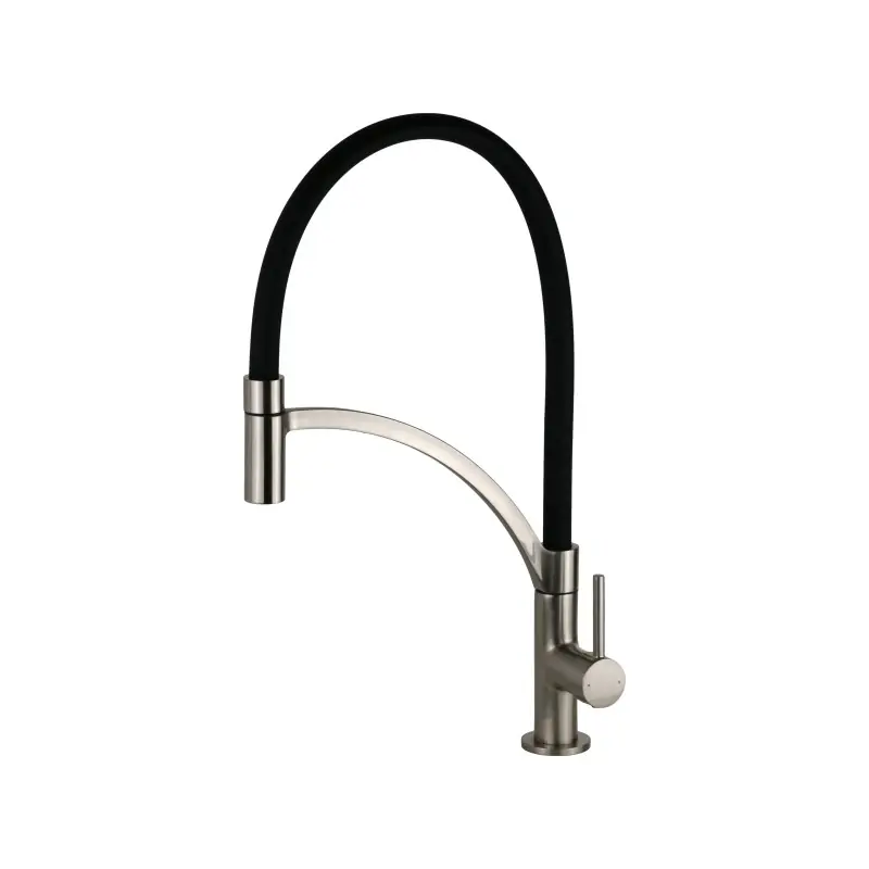 Mitigeur d‘évier de cuisine en acier brossé avec bec en silicone noir Pollini Senso MXCUMC27CZ2