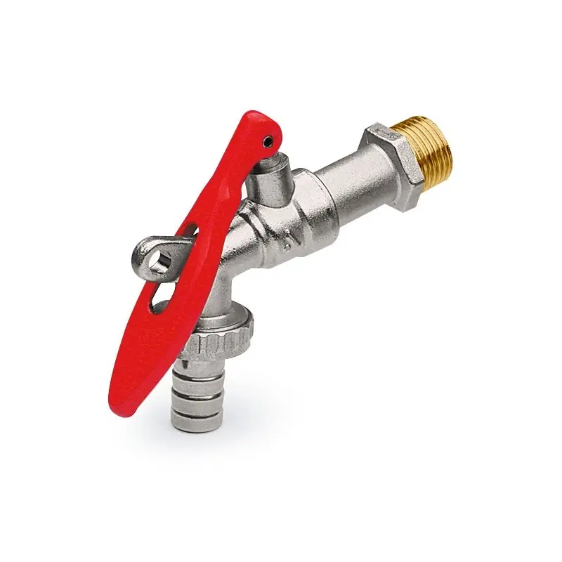 Robinet à bille raccord 1/2" avec levier "cadenas" dessiné en rouge et raccord de tuyau APM 2080 015