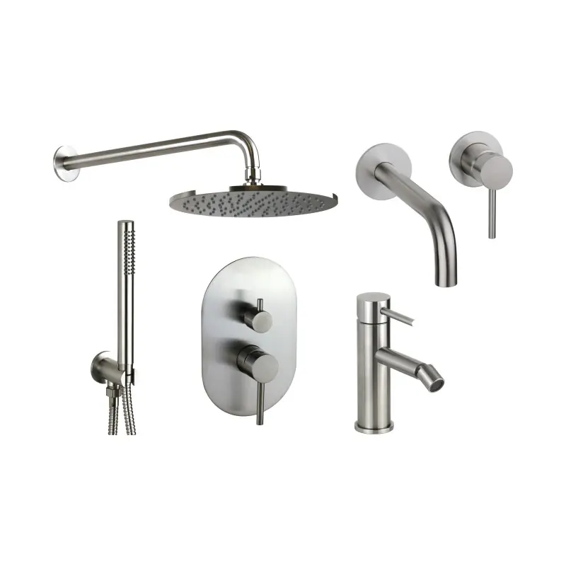 Kit complet avec mitigeurs de lavabo muraux, bidet et kit de douche en acier AISI 316 Pollini Jessy Steel KITJESSYSTEEL6