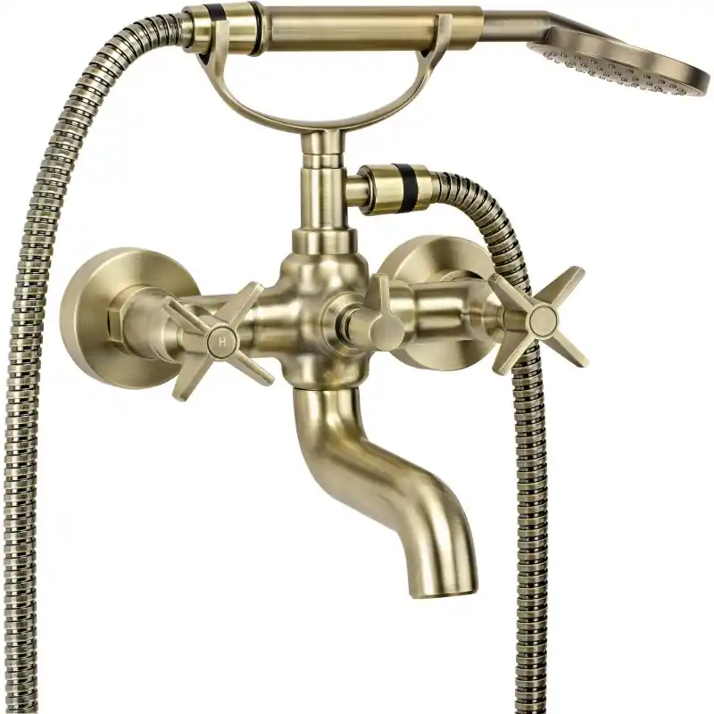 Mitigeur de bain à double levier avec douchette de couleur laiton brossé Deante Temisto BQT_M11D
