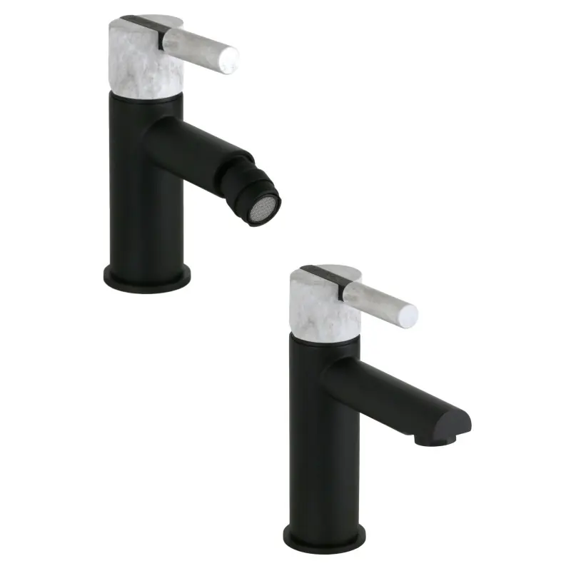 Robinetterie de salle de bain de couleur noir mat avec poignée en pierre FP Pattaroni UNIC° KIUNI2