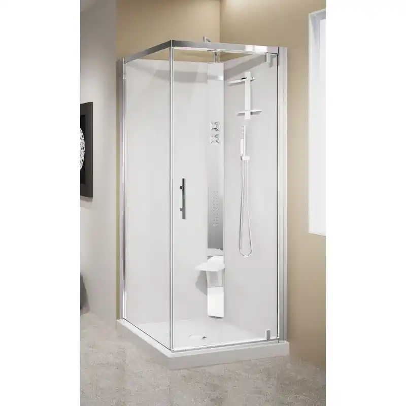 Cabine de douche d‘angle 90 x 90 sans toit, 1 porte battante ouvrant avec hydromassage Novellini Crystal G HC2G90T1-1KA