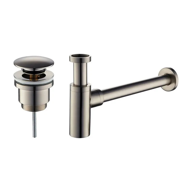 Ensemble bonde de lavabo et siphon couleur acier brossé, modèle rond Damast KITSCA4
