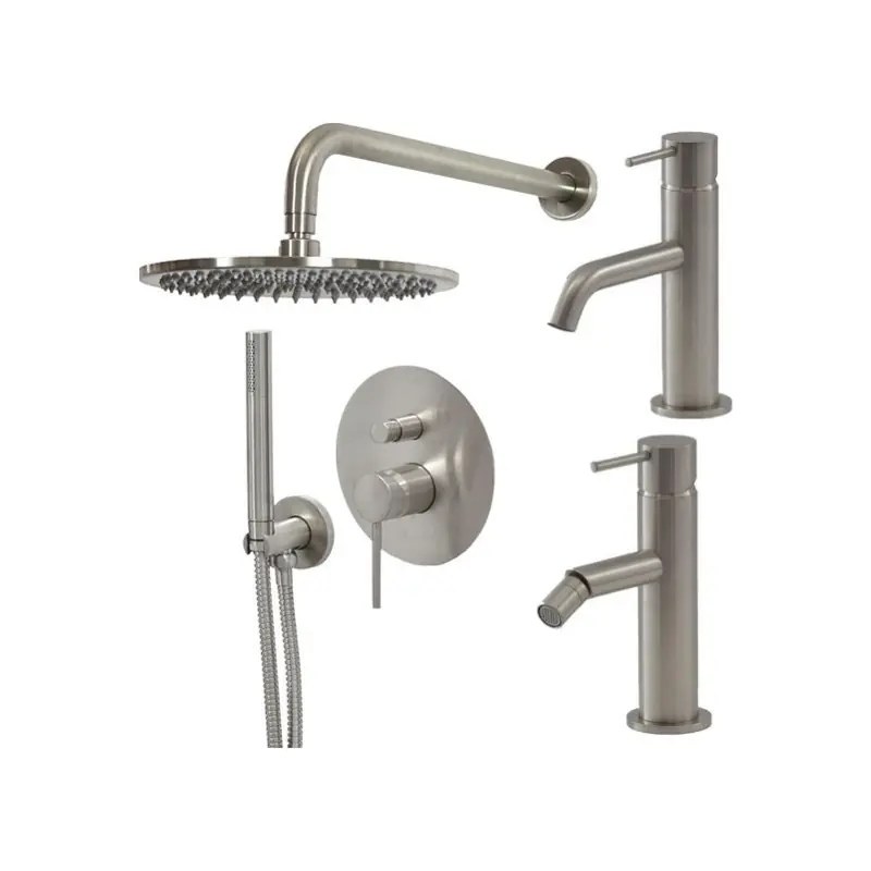 Ensemble mitigeur lavabo, mitigeur bidet et kit douche en couleur acier brossé Gattoni Easy KITEASY4NS