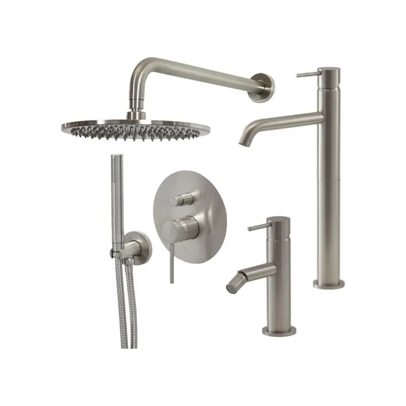 Ensemble mitigeur lavabo haut, mitigeur bidet et kit douche en couleur acier brossé Gattoni Easy KITEASY5NS