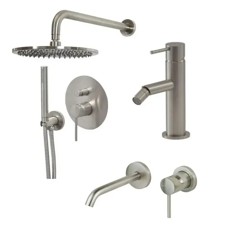 Mitigeur lavabo mural, mitigeur bidet et kit douche couleur acier brossé Gattoni Easy KITEASY6NS