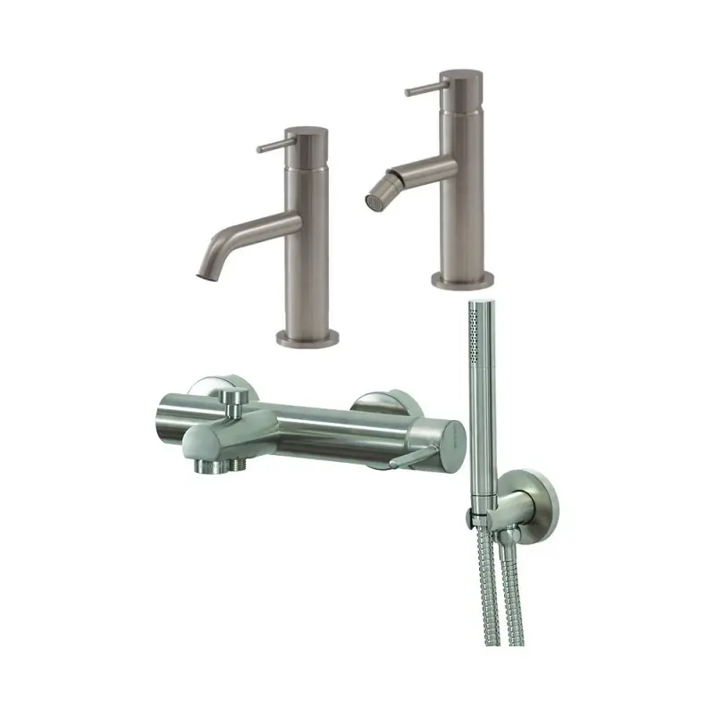 Ensemble mitigeur lavabo, mitigeur bidet et kit baignoire en couleur acier brossé Gattoni Easy KITEASY7NS
