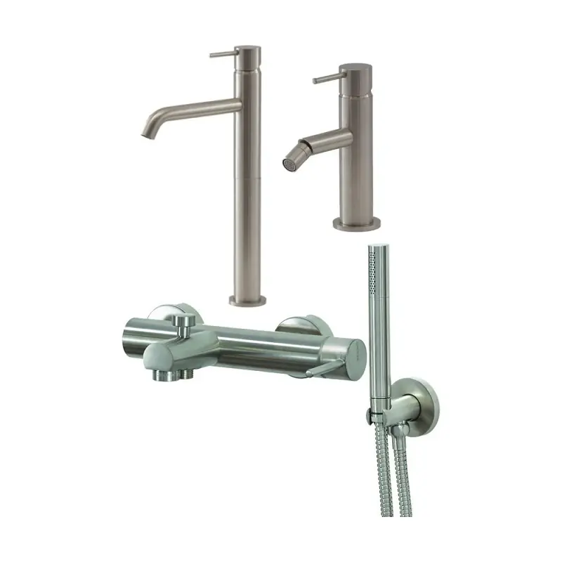 Ensemble mitigeur lavabo haut, mitigeur bidet et kit baignoire en couleur acier brossé Gattoni Easy KITEASY8NS