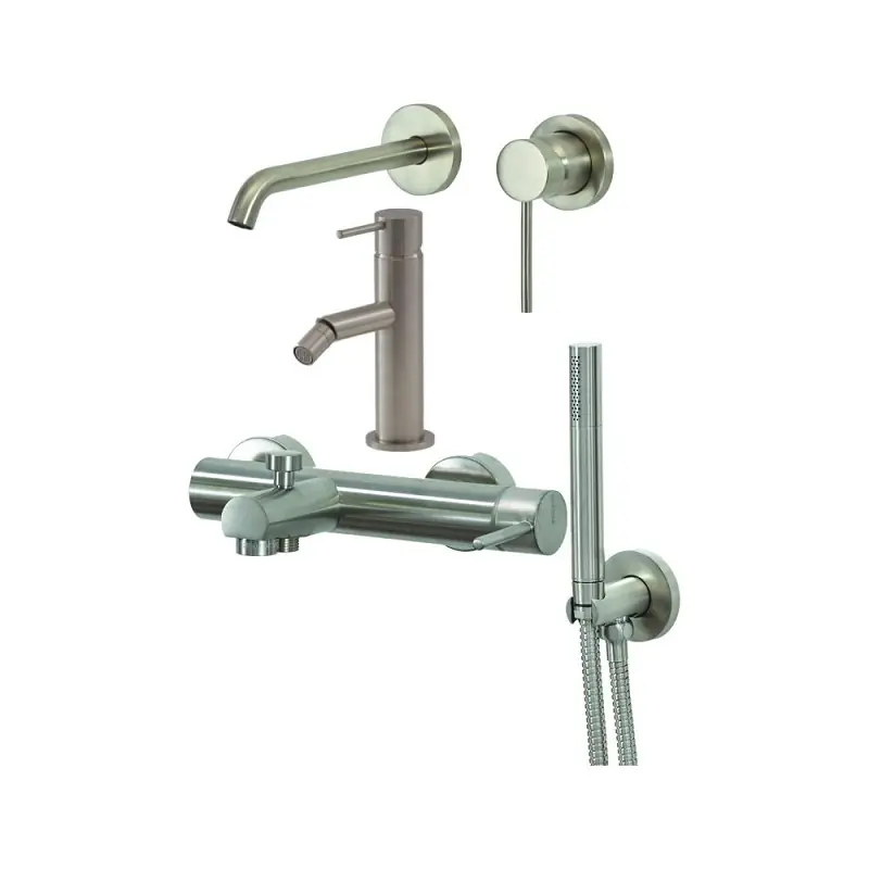 Ensemble mitigeur lavabo mural, mitigeur bidet et kit baignoire couleur acier brossé Gattoni Easy KITEASY9NS
