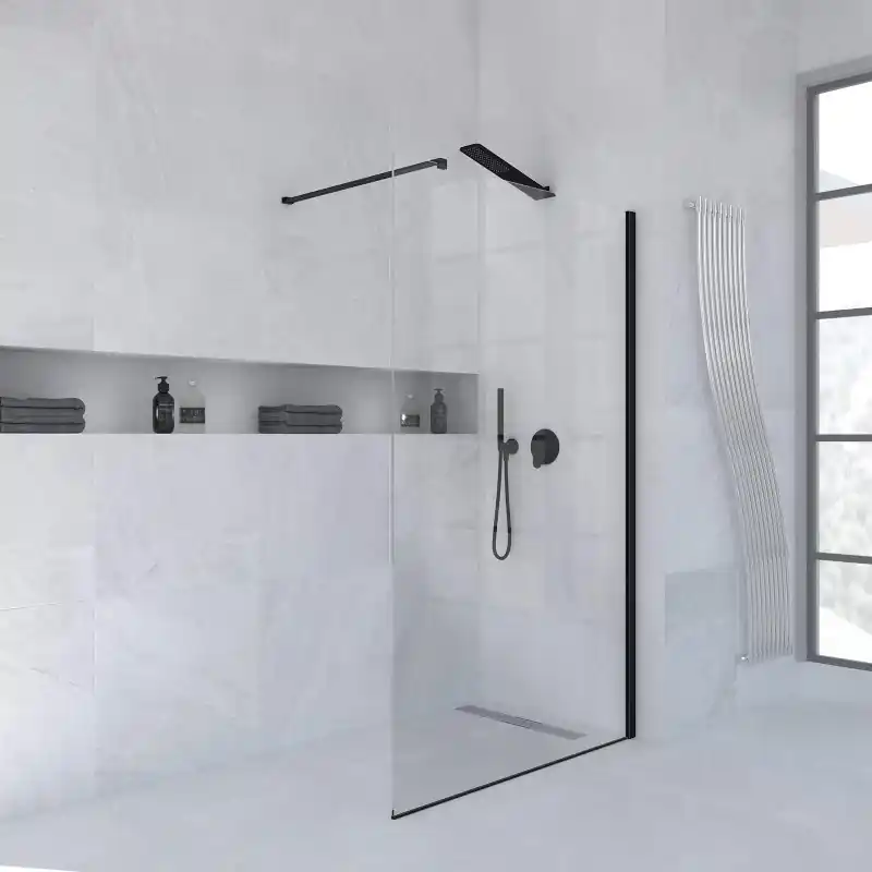 Paroi de douche fixe 120 cm verre transparent finition noir mat Ercos Rex BBREXKWALK0012