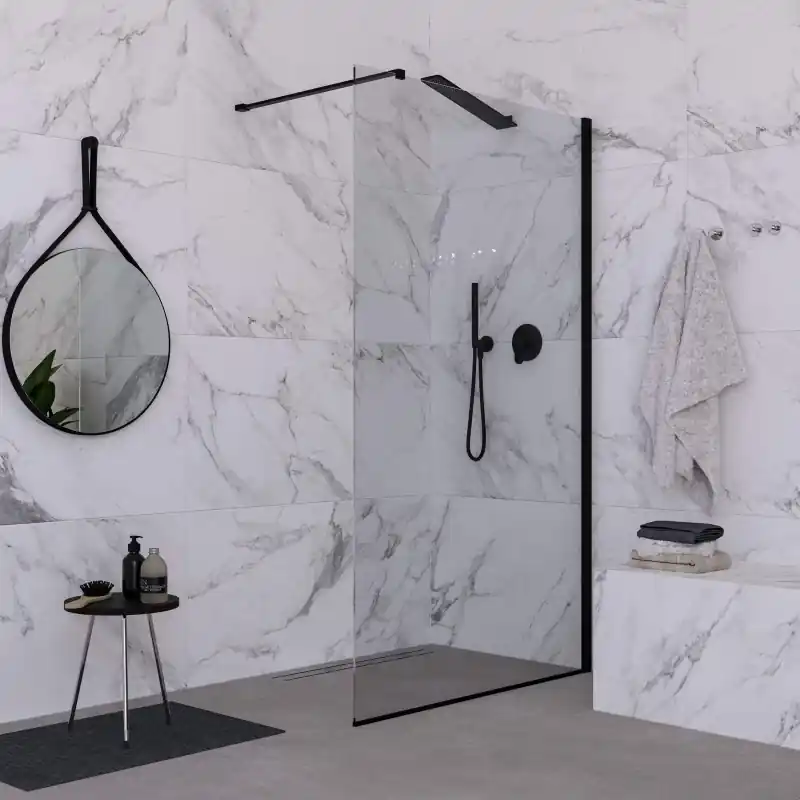 Paroi de douche fixe 140 cm verre transparent finition noir mat Ercos Rex BBREXKWALK0014