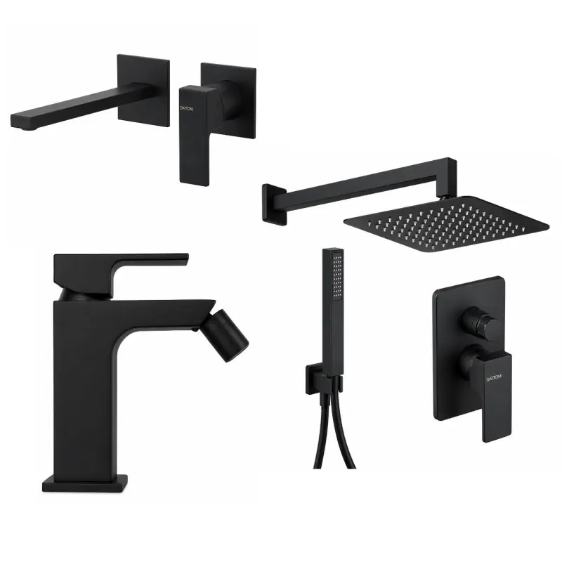 Ensemble mitigeur lavabo mural, bidet et kit douche en noir mat Gattoni SQUARE KITSQUARENO6