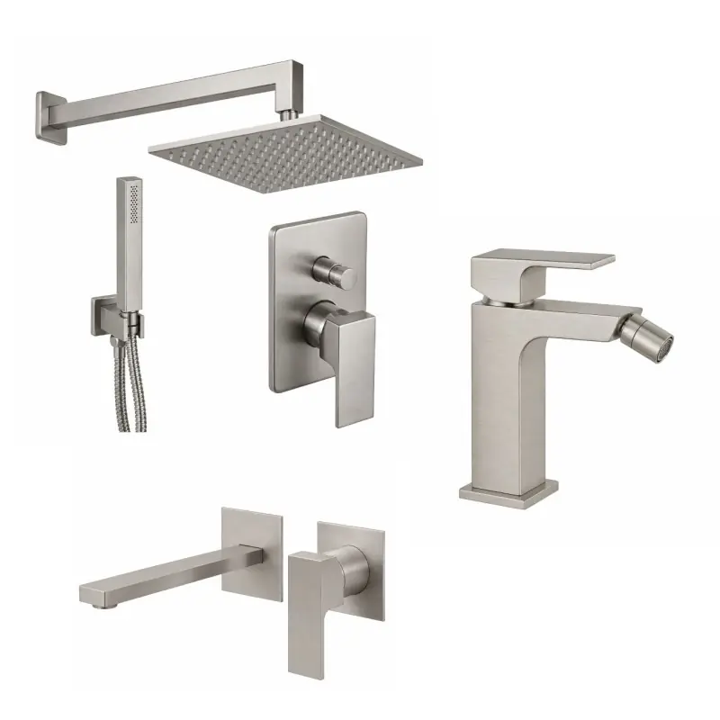 Ensemble mitigeur lavabo mural, bidet et kit douche couleur nickel brossé Gattoni SQUARE KITSQUARENS6