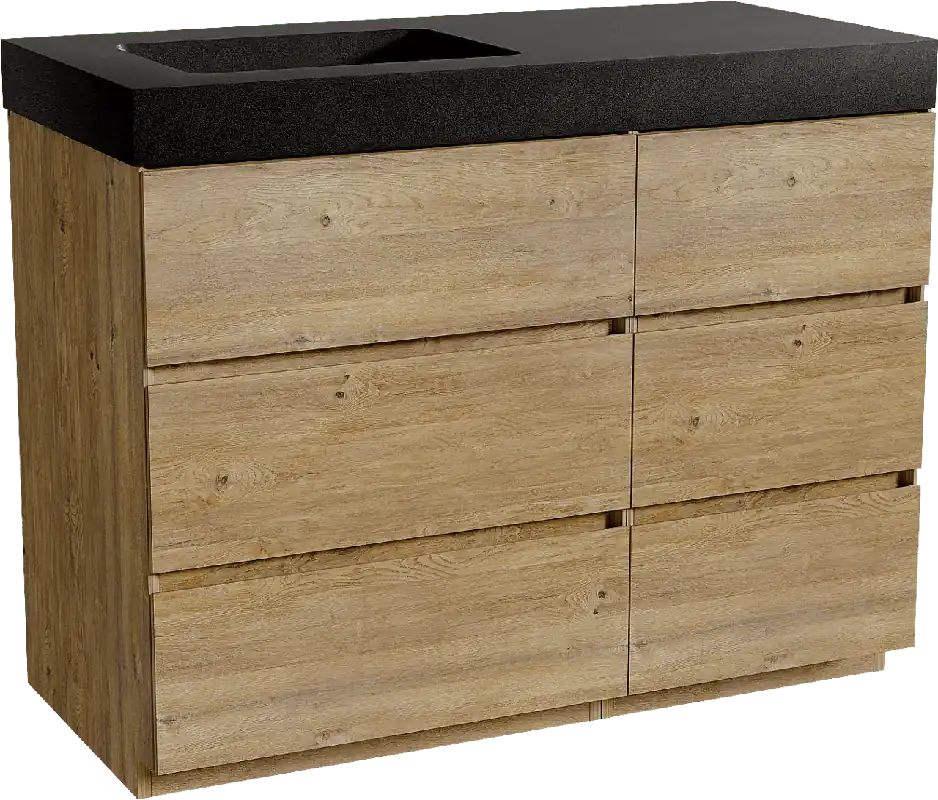 Storke Edge meuble salle de bains à poser 110 x 52 cm chêne brut avec Scuro High plan vasque asymétrique à gauche en quartz noir mat