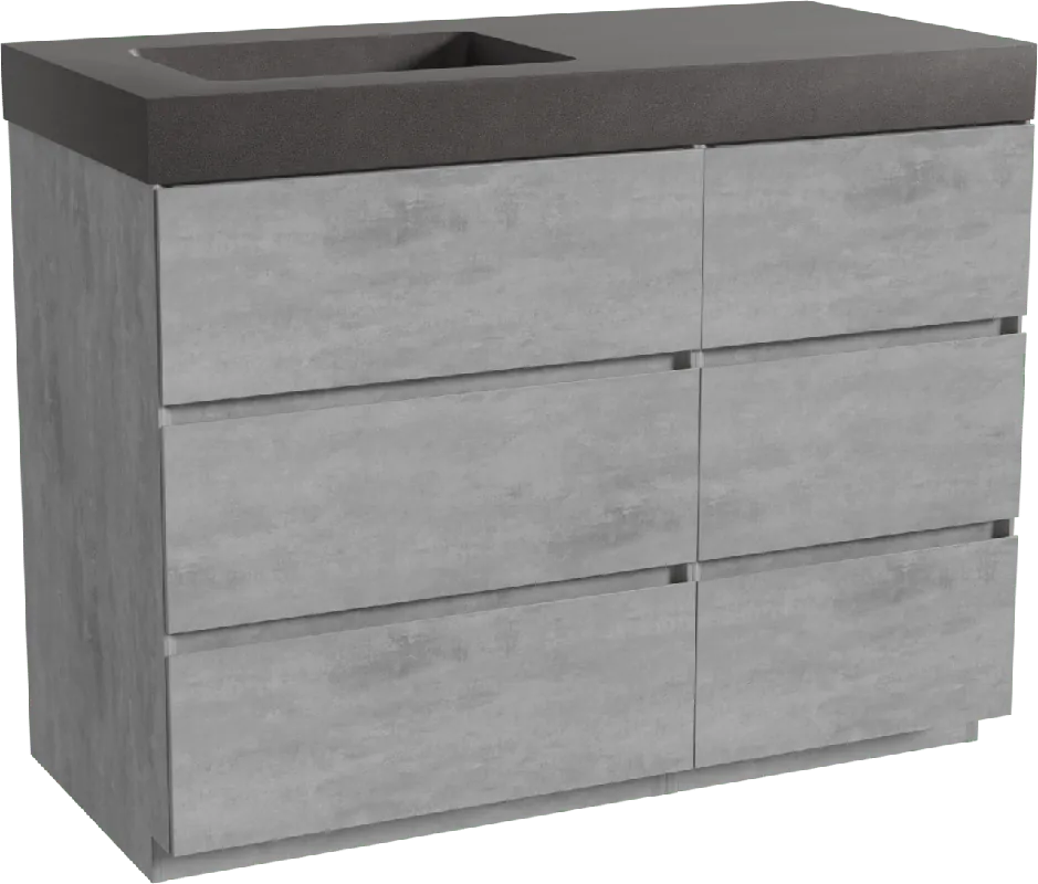 Storke Edge meuble salle de bains à poser 110 x 52 cm béton gris foncé avec Scuro High plan vasque asymétrique à gauche en quartz noir mat