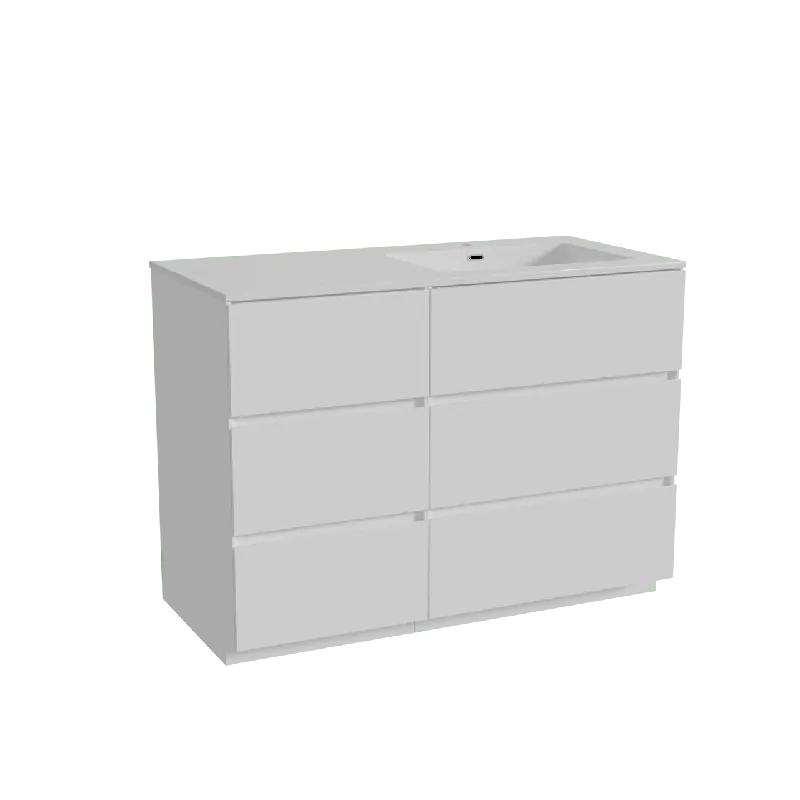 Storke Edge meuble salle de bains à poser 110 x 52 cm blanc brillant avec Diva plan vasque asymétrique à droite en marbre composite blanc brillant
