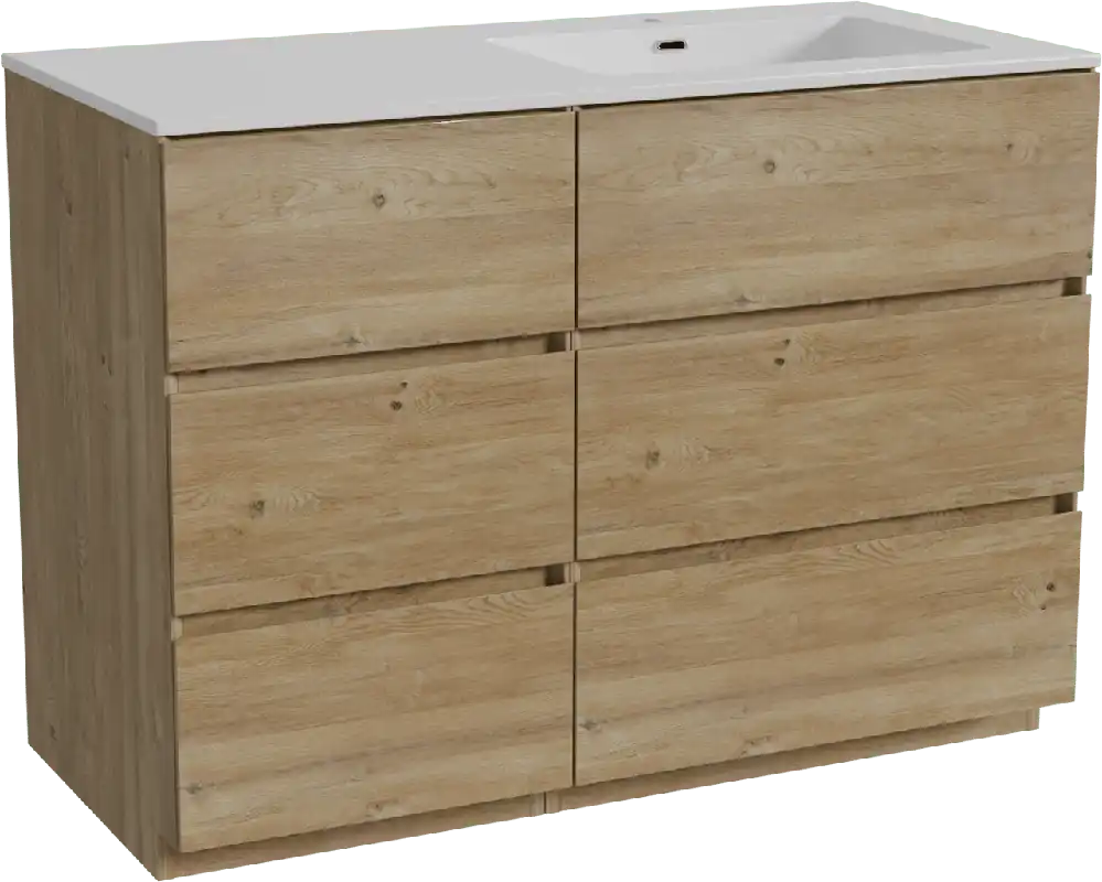 Storke Edge meuble salle de bains à poser 110 x 52 cm chêne brut avec Diva plan vasque asymétrique à droite en marbre composite blanc brillant