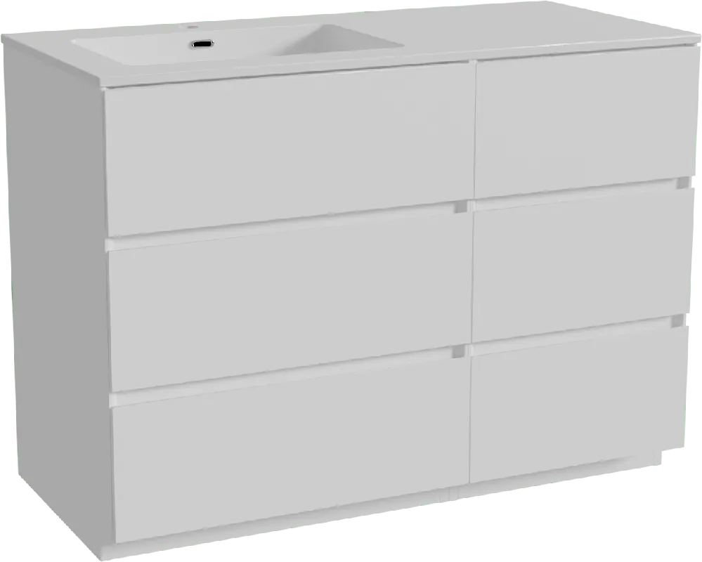 Storke Edge meuble salle de bains à poser 110 x 52 cm blanc mat avec Diva plan vasque asymétrique à gauche en marbre composite blanc brillant