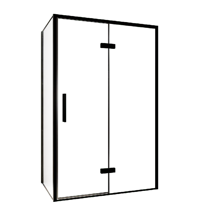 Balmani Senses Design douche en coin avec porte pivotante à droite et paroi latérale fixe, 120 x 70 cm, Verre transparent, Profil noir, coating inclus, coating inclus