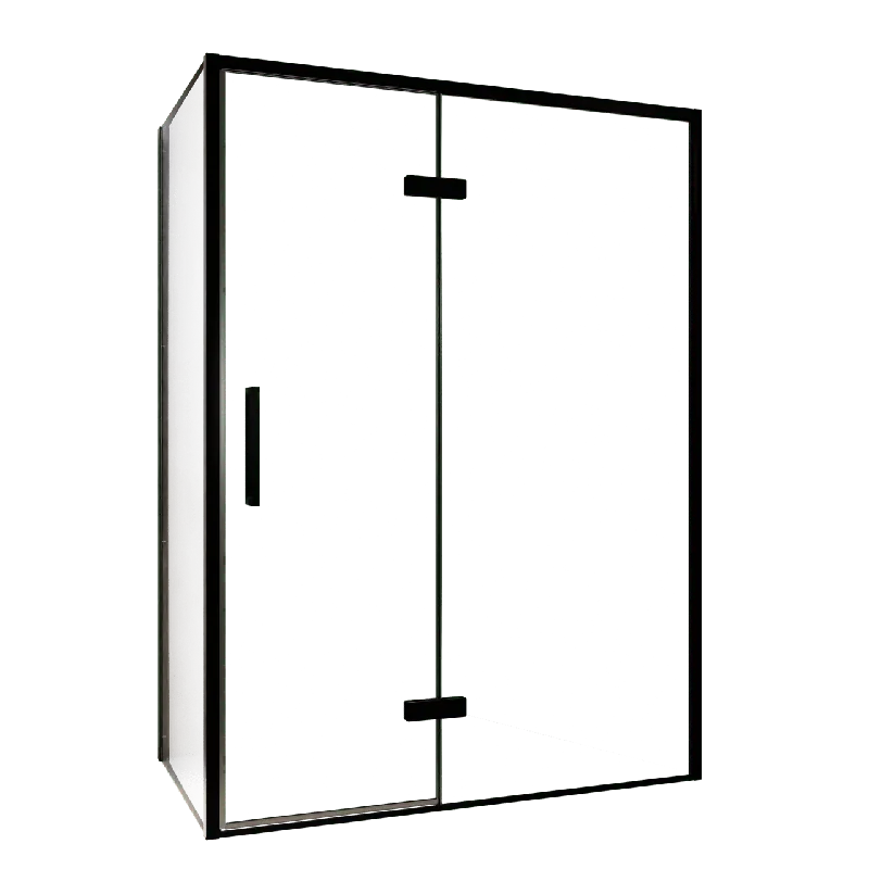 Balmani Senses Design douche en coin avec porte pivotante à droite et paroi latérale fixe, 140 x 70 cm, Verre transparent, Profil noir, coating inclus, coating inclus
