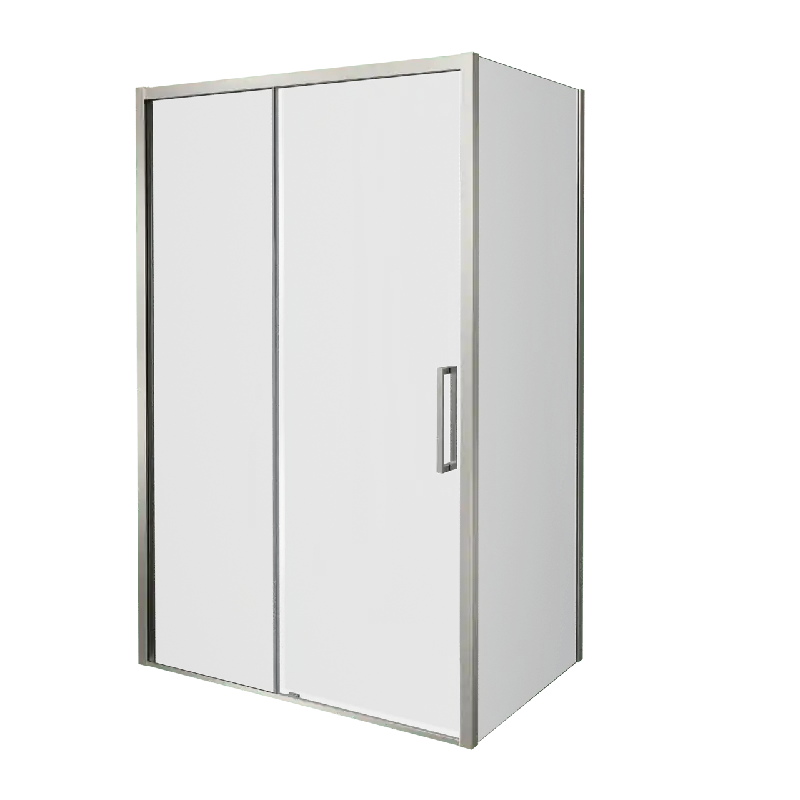 Balmani Senses Design douche d‘angle avec porte coulissante à gauche et paroi latérale fixe, 120 x 70 cm, Verre transparent, Profil Brushed CoolMetal, coating inclus