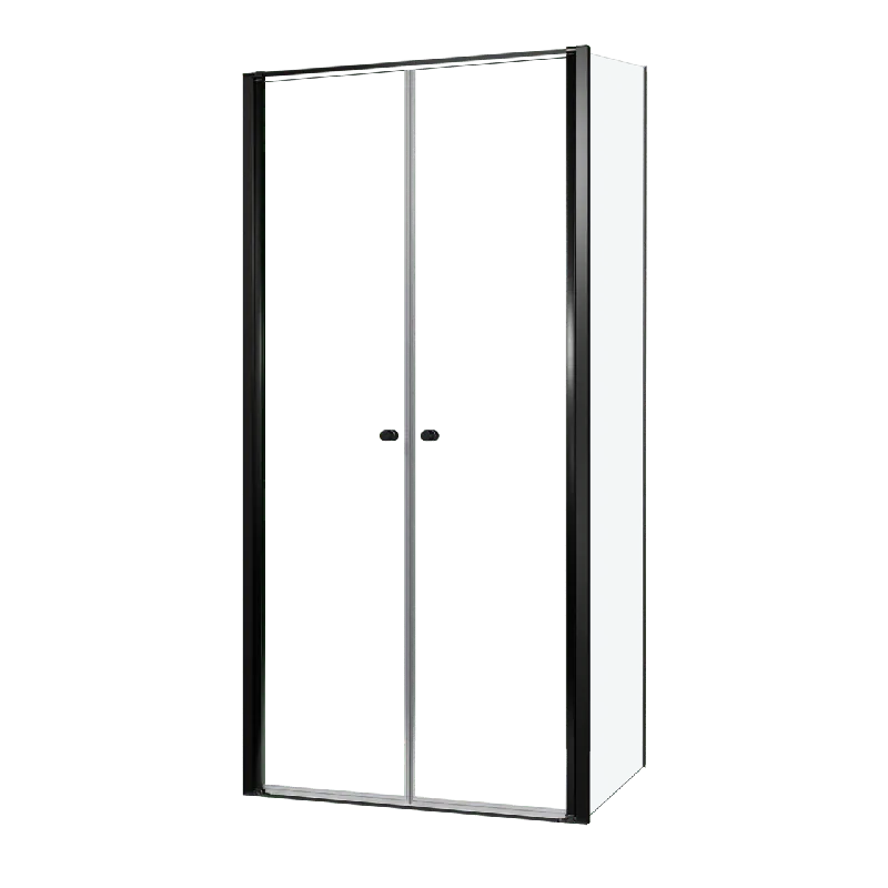 Luca Varess Kuresa douche d‘angle porte battante avec paroi latérale fixe 100 x 90 x 200 cm verre transparent et profil noir mat