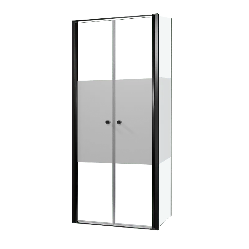 Luca Varess Kuresa douche d‘angle porte battante avec paroi latérale fixe 90 x 80 x 200 cm verre transparent avec bande matte et profil noir mat