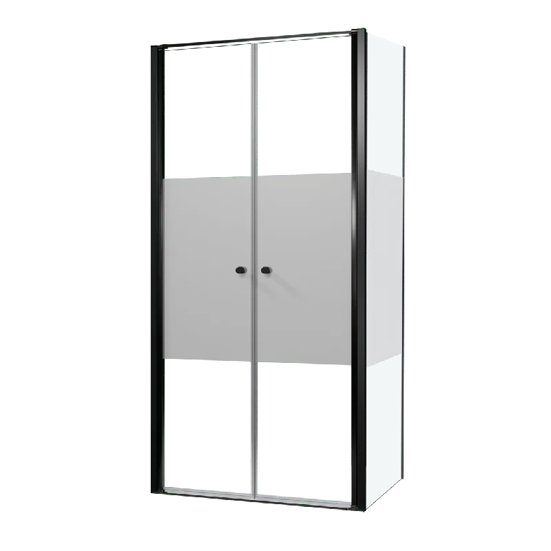 Luca Varess Kuresa douche d‘angle porte battante avec paroi latérale fixe 100 x 90 x 200 cm verre transparent avec bande matte et profil noir mat