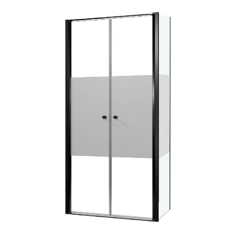 Luca Varess Kuresa douche d‘angle porte battante avec paroi latérale fixe 100 x 80 x 200 cm verre transparent avec bande matte et profil noir mat