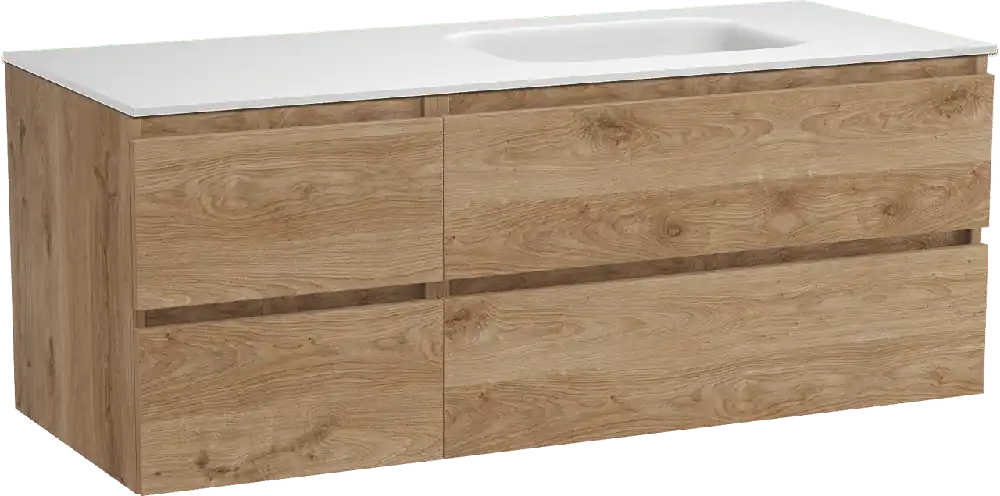 Balmani Lucida meuble salle de bains suspendu 135 x 55 cm chêne brut avec Tablo Arcato plan vasque asymétrique à droite en solid surface blanc mat