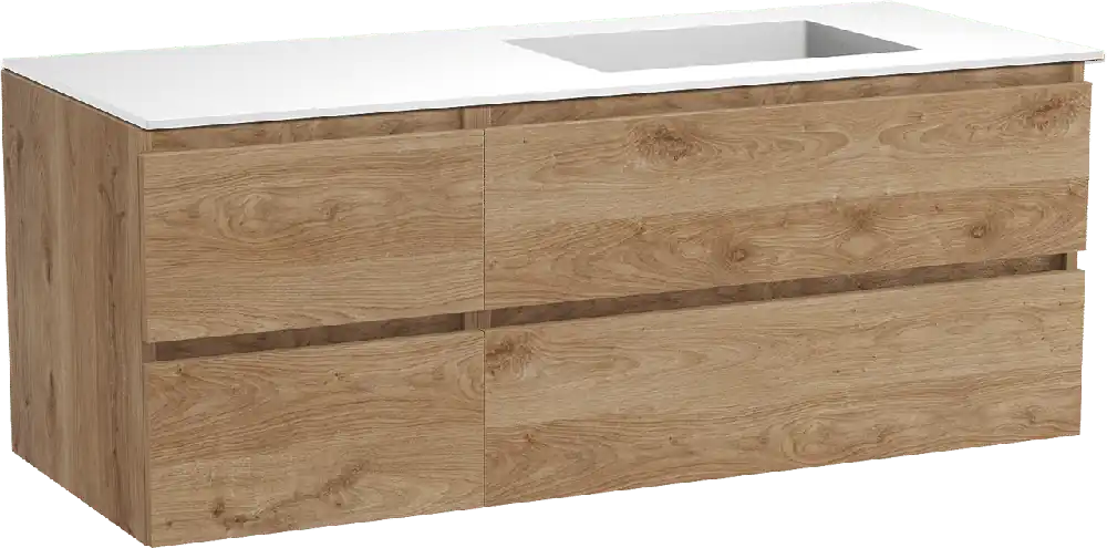 Balmani Lucida meuble salle de bains suspendu 135 x 55 cm chêne brut avec Tablo Stretto plan vasque asymétrique à droite en solid surface blanc mat