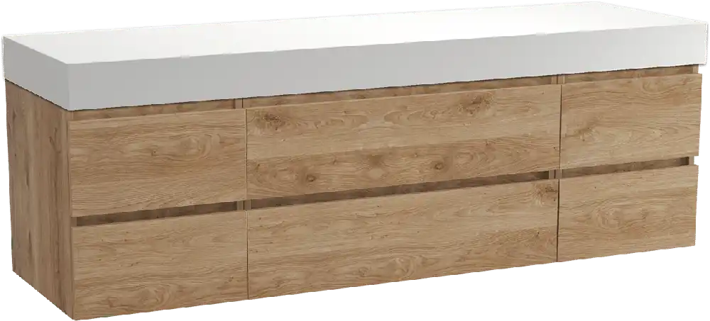 Balmani Lucida meuble salle de bains suspendu 180 x 55 cm chêne brut avec Dominus tablette simple ou double en solid surface blanc mat
