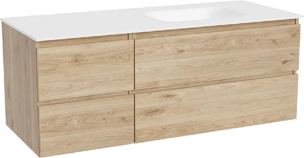 Balmani Lucida meuble salle de bains suspendu 135 x 55 cm chêne brut avec Tablo Arcato plan vasque asymétrique à droite en solid surface blanc mat